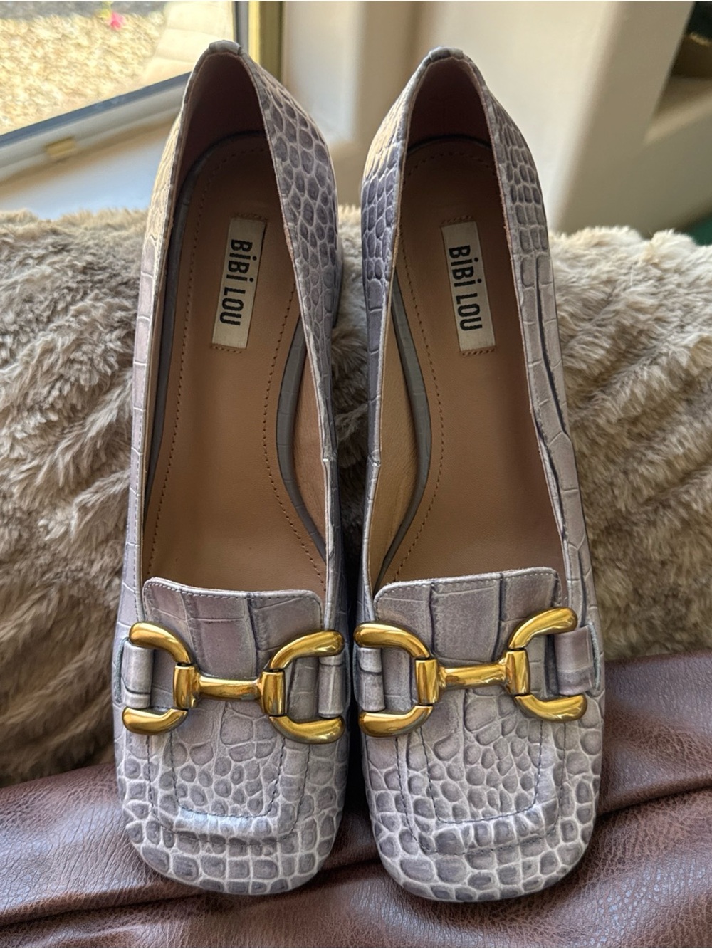 Bibi Lou Anthropologie Gray Horsebit Moc Croc Heels - Picture 2 of 14
